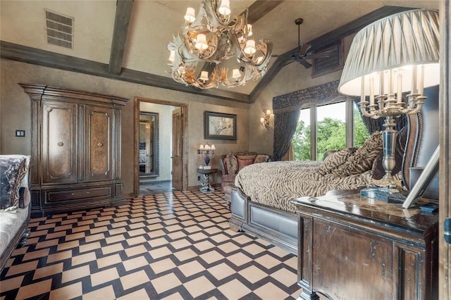 bedroom with high vaulted ceiling, beam ceiling, visible vents, and an inviting chandelier