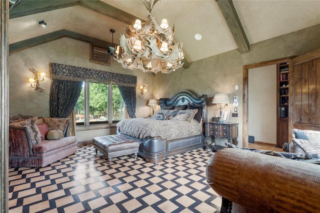 bedroom with high vaulted ceiling, baseboards, a chandelier, and beamed ceiling