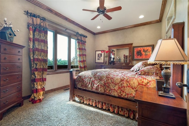 bedroom with carpet floors, ornamental molding, recessed lighting, and baseboards