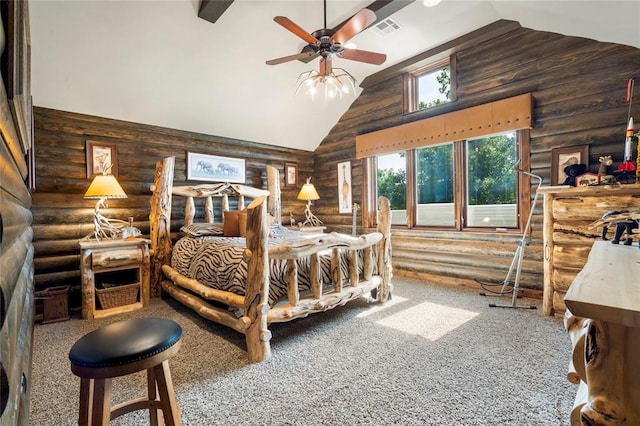 carpeted bedroom with high vaulted ceiling and visible vents