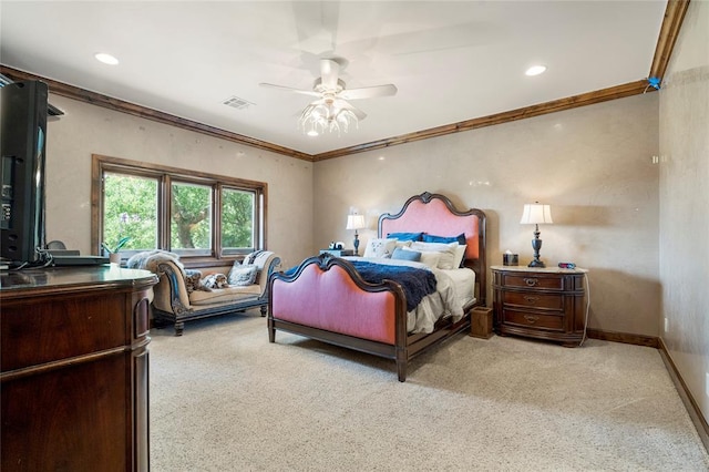 bedroom featuring ornamental molding, light colored carpet, visible vents, and baseboards