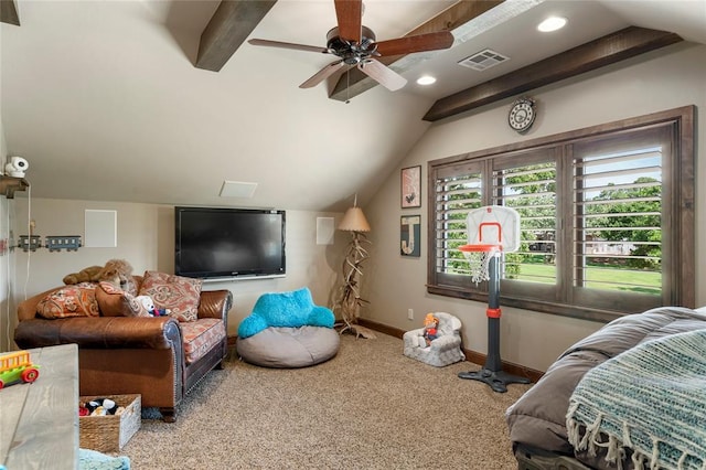 bedroom with vaulted ceiling with beams, visible vents, baseboards, and light colored carpet