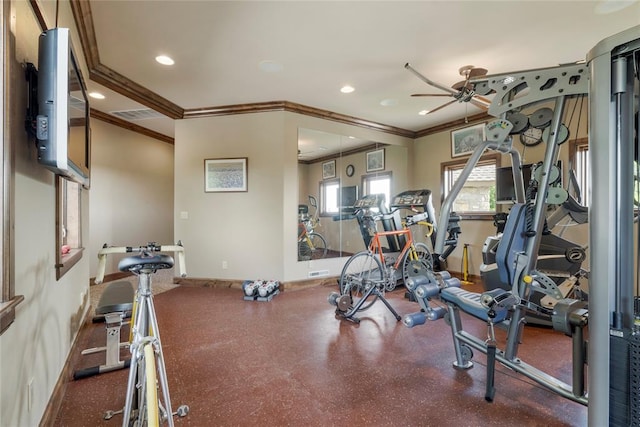 exercise room featuring visible vents, baseboards, crown molding, and recessed lighting