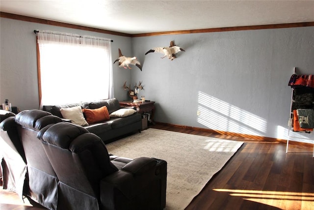 living room with a textured wall and wood finished floors