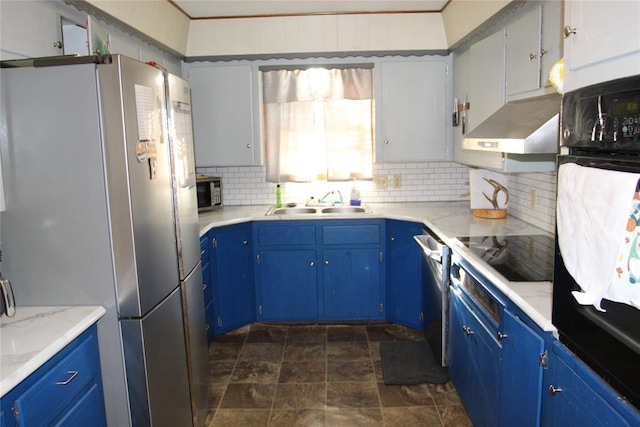 kitchen featuring white cabinetry, a sink, blue cabinetry, and black appliances