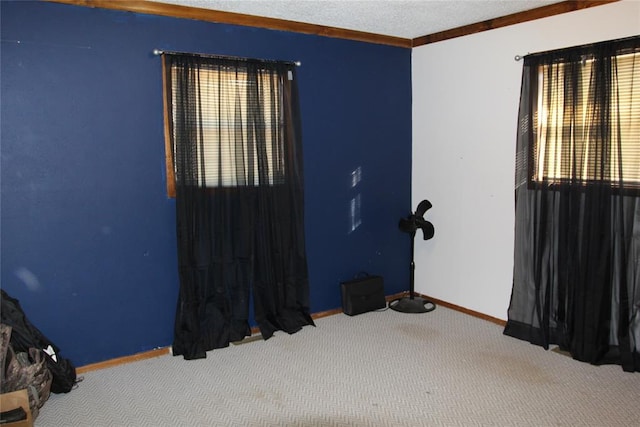 interior space featuring crown molding, a textured ceiling, and baseboards