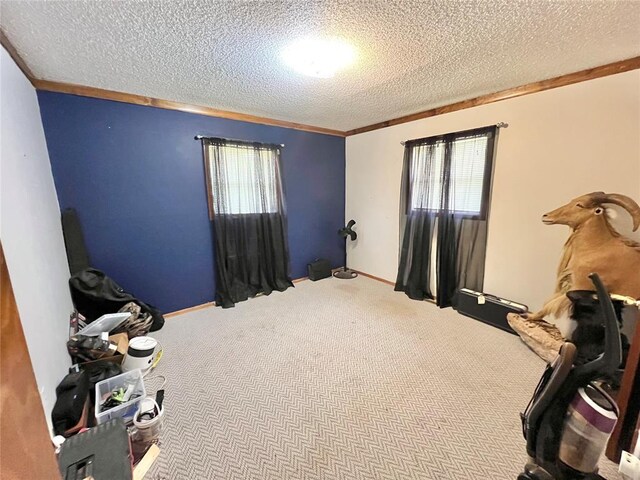 707 S Third St, Cheyenne, OK 73628 - bedroom featuring a textured ceiling, carpet flooring, and ornamental molding