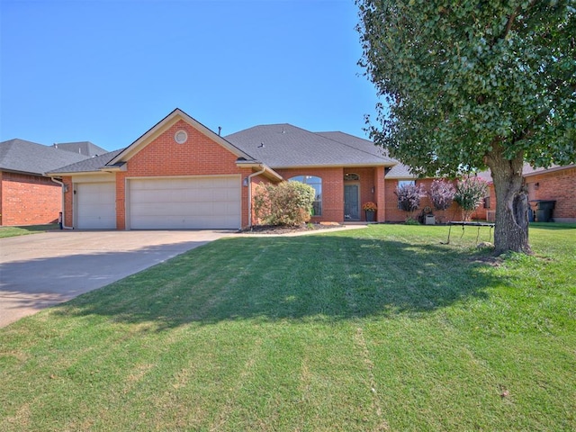 ranch-style house featuring a garage, concrete driveway, brick siding, and a front lawn