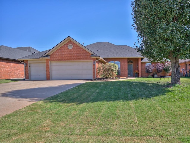 single story home with a garage, concrete driveway, brick siding, and a front lawn