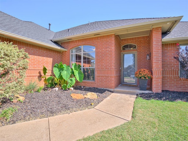 view of exterior entry featuring roof with shingles, a lawn, and brick siding