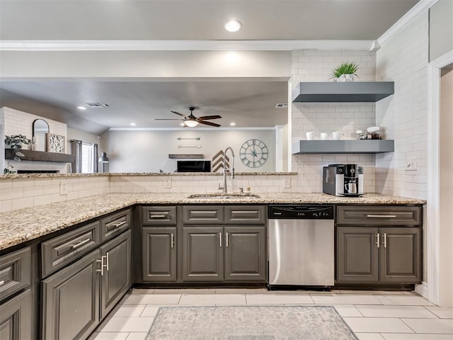 kitchen with a sink, light stone countertops, open shelves, and dishwasher