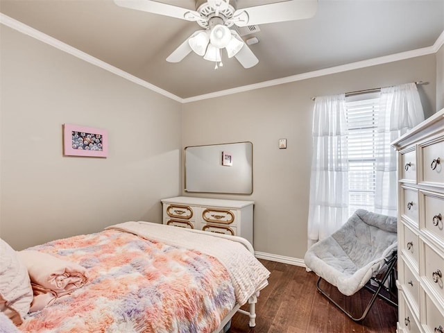 bedroom with dark wood-style floors, baseboards, ornamental molding, and ceiling fan