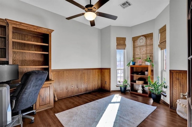 office area featuring ceiling fan, wooden walls, dark wood-style flooring, visible vents, and wainscoting