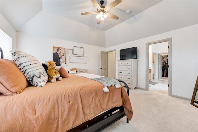 bedroom featuring ceiling fan, light colored carpet, visible vents, lofted ceiling, and baseboards