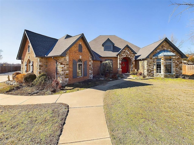 view of front facade featuring a front yard, stone siding, roof with shingles, and fence