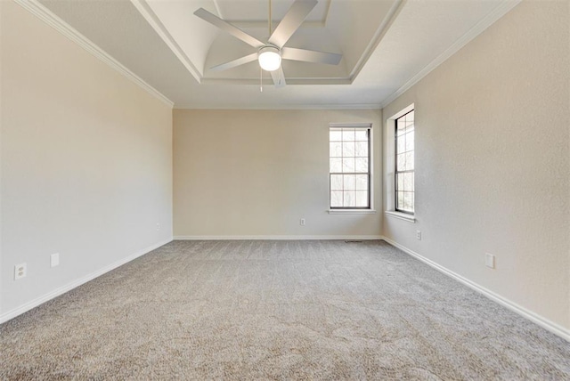 spare room with baseboards, a tray ceiling, and crown molding