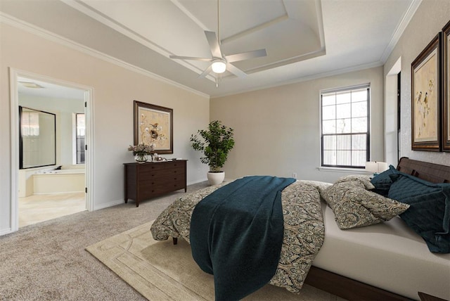 3705 Barwick Dr, Norman, OK 73072 - bedroom featuring light colored carpet, ornamental molding, ensuite bath, a raised ceiling, and a ceiling fan