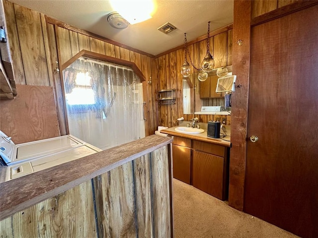 kitchen featuring wooden walls, carpet floors, a sink, visible vents, and brown cabinets