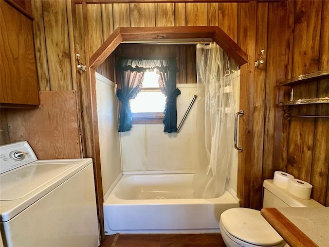 full bathroom with toilet, wood walls, washer / clothes dryer, and shower / bath combination with curtain