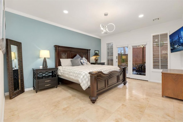 bedroom featuring access to exterior, visible vents, and ornamental molding