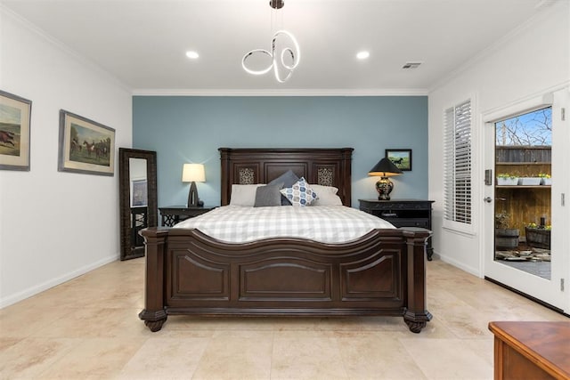 bedroom with baseboards, access to outside, visible vents, and crown molding