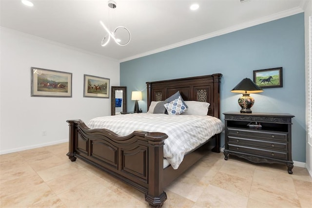 bedroom with a notable chandelier, ornamental molding, recessed lighting, and baseboards