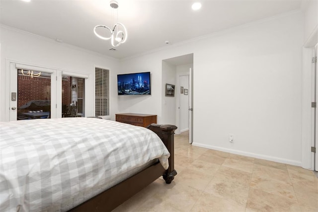 bedroom featuring a chandelier, access to outside, crown molding, and baseboards