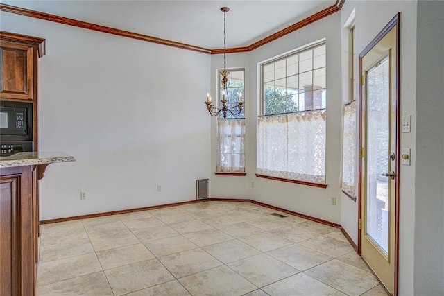 unfurnished dining area with baseboards, ornamental molding, light tile patterned floors, and a notable chandelier