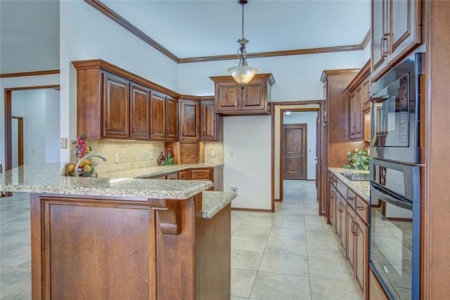 kitchen featuring light stone counters, a peninsula, decorative backsplash, black appliances, and crown molding