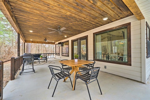 view of patio with ceiling fan, french doors, outdoor dining space, and outdoor lounge area