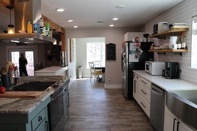 kitchen featuring open shelves, island exhaust hood, a wealth of natural light, and stainless steel appliances