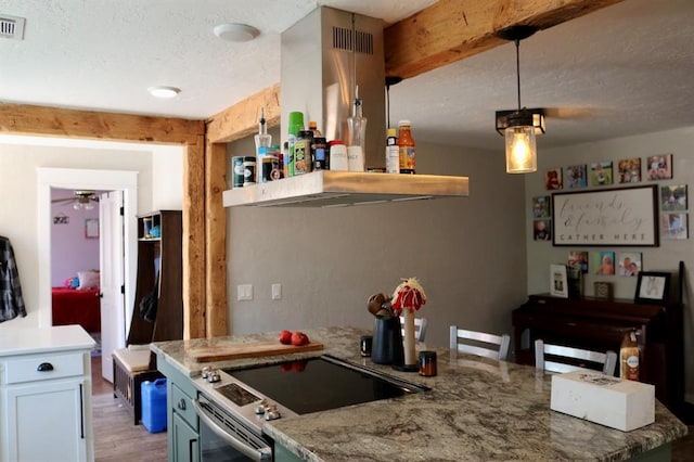 kitchen with electric range, a textured ceiling, light wood-style floors, and island range hood