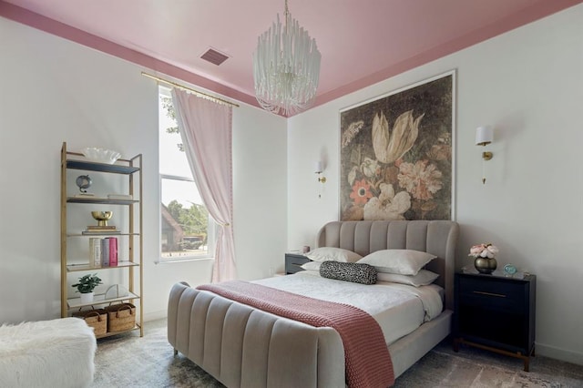 bedroom with a chandelier, carpet flooring, visible vents, and baseboards