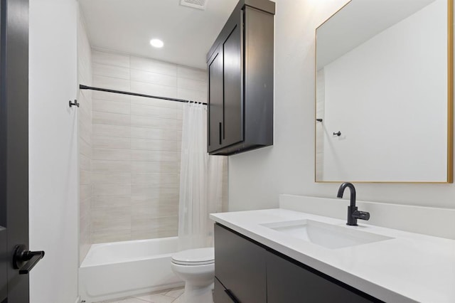 bathroom featuring toilet, marble finish floor, shower / bathtub combination with curtain, vanity, and recessed lighting