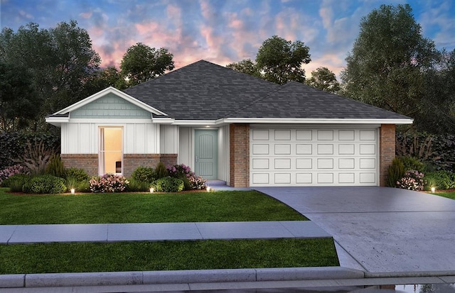 single story home with a garage, brick siding, a shingled roof, driveway, and board and batten siding