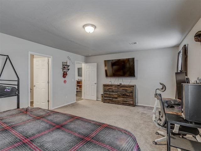 bedroom with baseboards, visible vents, and light colored carpet