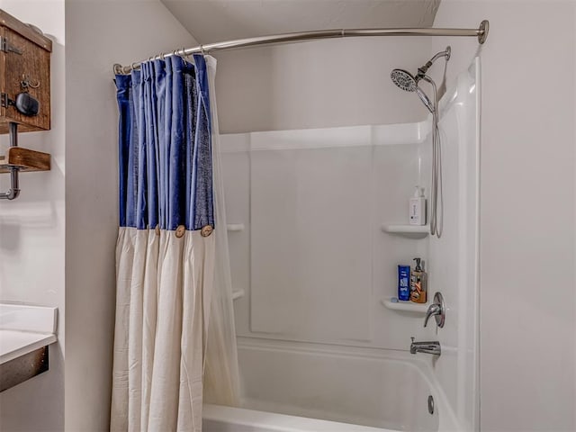 full bathroom with shower / bathtub combination with curtain