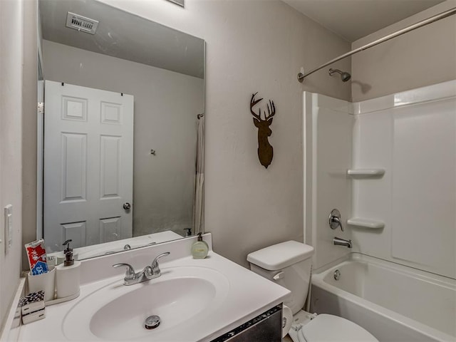 bathroom with toilet, shower / bathing tub combination, vanity, and visible vents