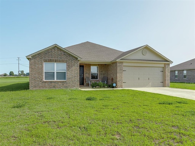 42056 Cadens Trl, Shawnee, OK 74804 - ranch-style house featuring brick siding, a garage, driveway, a front yard, and roof with shingles