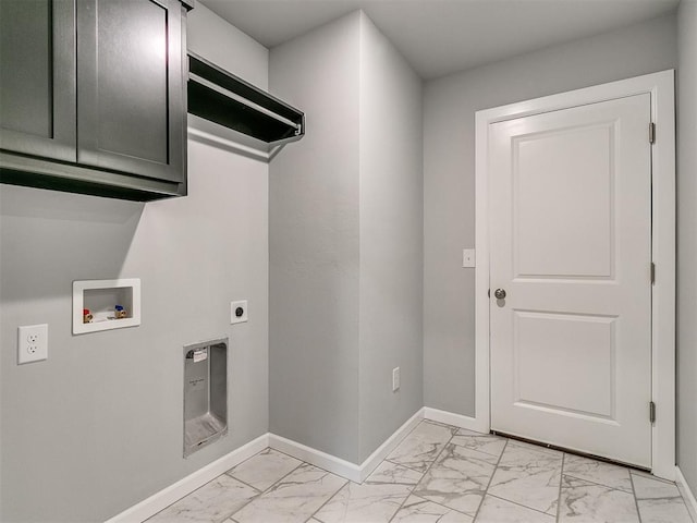 washroom with washer hookup, marble finish floor, cabinet space, hookup for an electric dryer, and baseboards