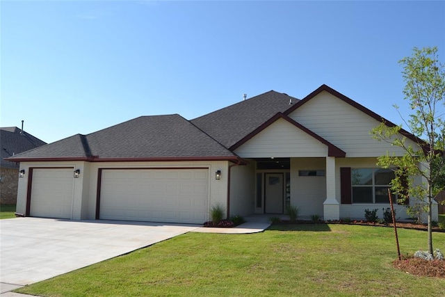 1525 NW 17th Pl, Newcastle, OK 73065 - view of front facade with driveway, brick siding, a front lawn, an attached garage, and a shingled roof