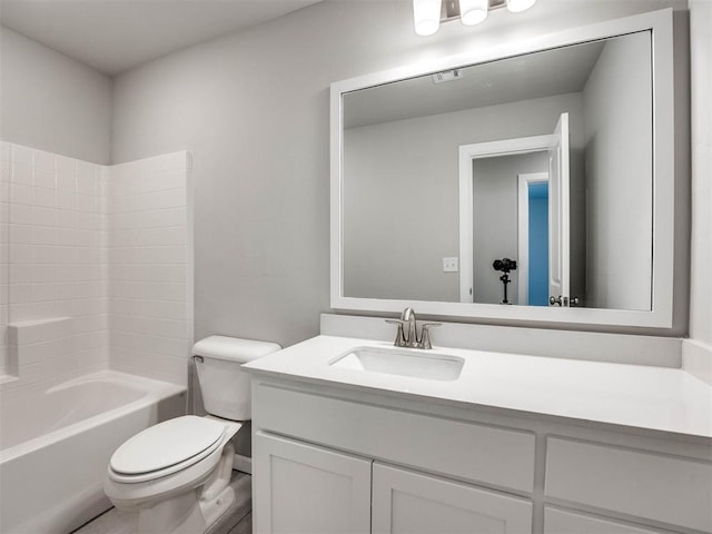 full bath with toilet, shower / tub combination, visible vents, and vanity