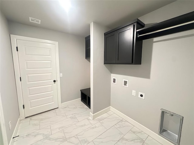 laundry room with visible vents, hookup for an electric dryer, baseboards, washer hookup, and marble finish floor