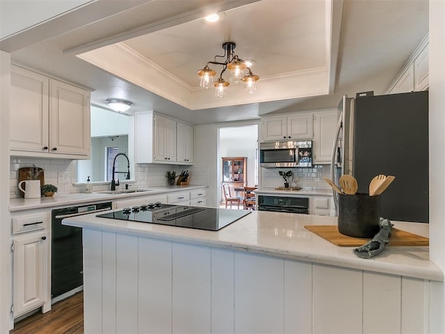 kitchen featuring ornamental molding, black appliances, a tray ceiling, and a sink