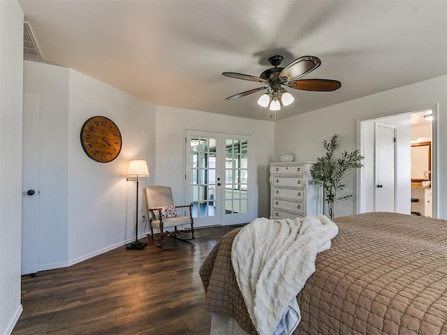 bedroom with baseboards, visible vents, wood finished floors, access to outside, and french doors