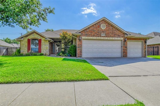 single story home featuring an attached garage, brick siding, fence, driveway, and a front yard