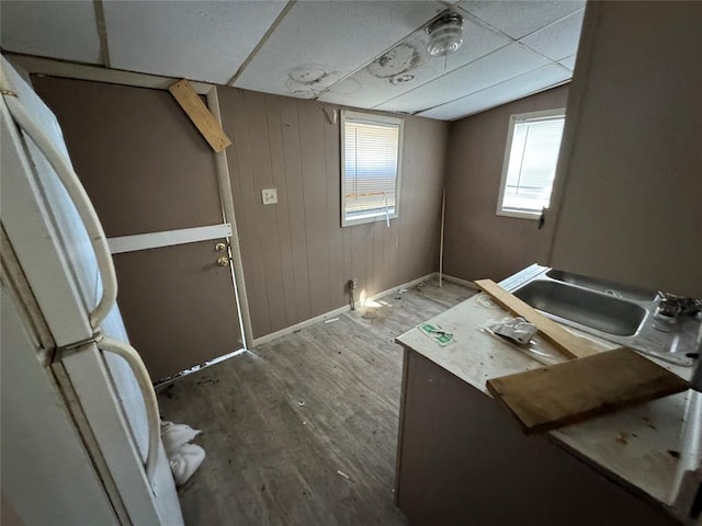 washroom with a sink, wooden walls, baseboards, and wood finished floors