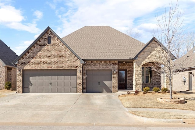 french country inspired facade featuring a garage, driveway, a shingled roof, and brick siding