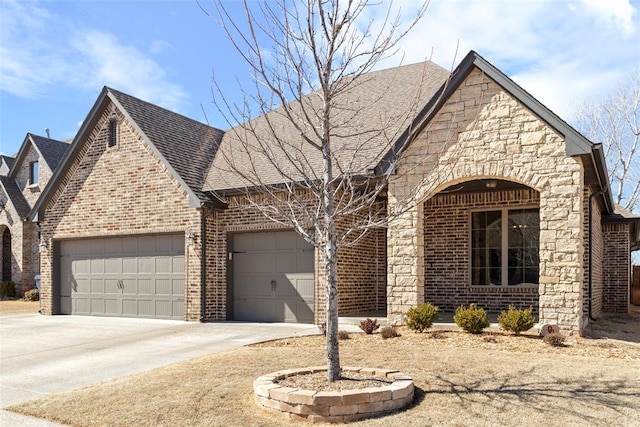 french country style house featuring a garage, driveway, roof with shingles, and brick siding