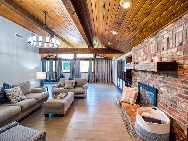 living area with lofted ceiling with beams, a chandelier, wood ceiling, visible vents, and a brick fireplace